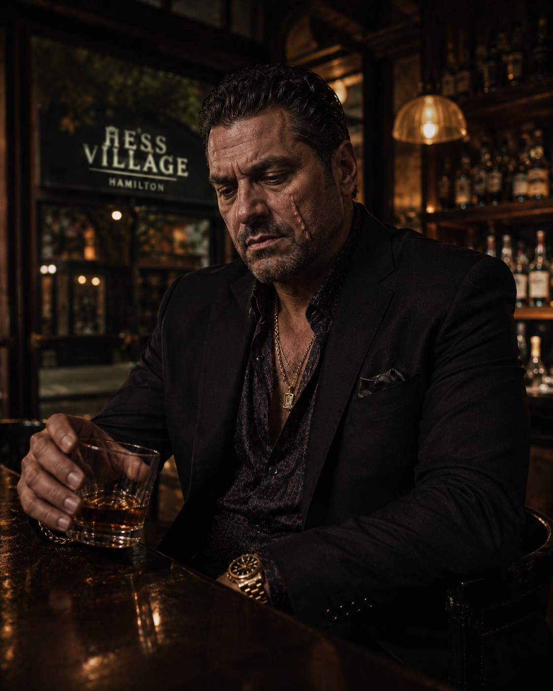 Antonio Tony Iavarone drinking whiskey in a Hamilton bar under stress from mafia crime investigations