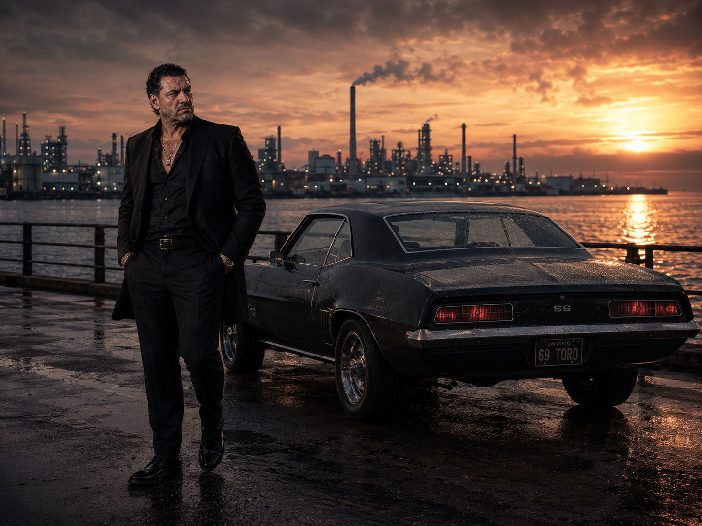 Antonio Tony Iavarone with his 1969 Camaro overlooking Hamilton crime skyline