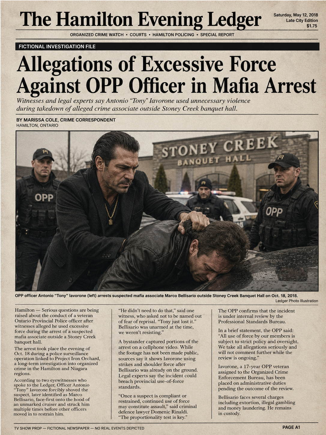 The Hamilton Evening Ledger fictional newspaper article about Antonio Tony Iavarone excessive force mafia arrest allegations