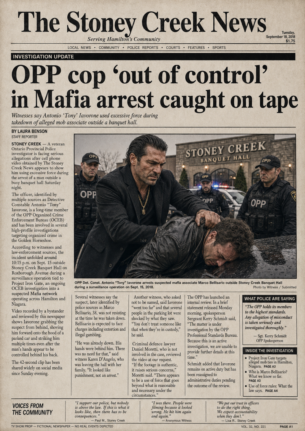 The Stoney Creek News fictional newspaper article about Antonio Tony Iavarone mafia arrest controversy